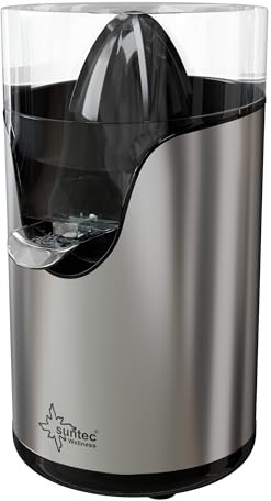 SUNTEC citruspress ZIP-8434 design – Elektrisk med sil och avtagbar juice-behållare – Liten rostfritt stål juicepress för apelsiner + citroner + lime – Elektrisk press BPA-fri med max 100 watt