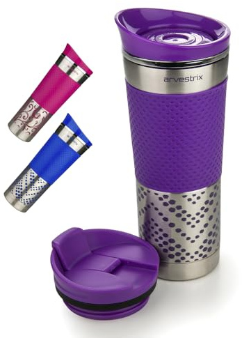 Arvestrix Travel Mug 450ml – Insulated Stainless Steel Coffee Cup, Leakproof Double-Walled Reusable Flask, Keeps Drinks Hot or Cold, Cup Holder Friendly (Purple)
