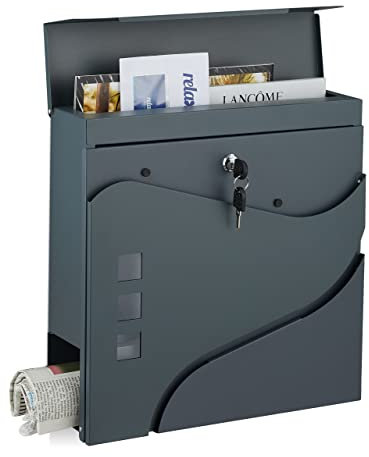 Relaxdays Cassetta della Posta con Scomparto Portagiornali, Postbox Moderna Acciaio, 2 Chiavi, 37x37x11 cm, Antracite