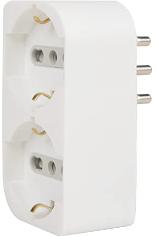 Electraline 71942 Adattatore Doppio, Multipresa due Posti frontali P40 polivalenti (10/16A+Schuko tedesca),Spina fuoriasse 16A grande Italiana, Bianco