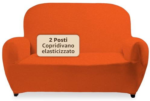 SONIT Copridivano Elasticizzato per Divano con Braccioli Fodera Protettiva Universale in Tessuto Jacquard Vestibilità Aderente Made in Italy [2 Posti,Arancio]