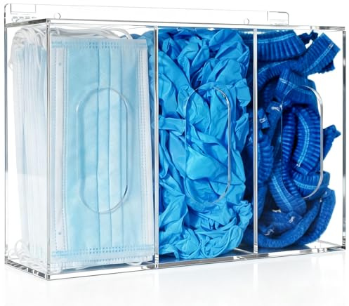 KOEMEHR Haarnetz und Schuhüberzieher Spender 3-Fach Maskenspender Handschuhspender Wandhalter mit Deckel Acryl Aufbewahrungsbox für Masken Einmalhandschuhe Einweg-Haarnetz überschuhe, Transparent