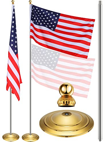 Indoor Telescoping Flag Pole with Base and Ball Top Indoor Flag Pole and Stand Heavy Duty Indoor Stainless Steel Flag Pole Base for House Office Decor, Flag Not Included (Gold, Silver, 8.53 ft)