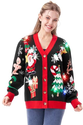 Giggling Getup Hässliche Weihnachts-Cardigan-Pullover, lustige leuchtende hässliche Weihnachtsstrickwaren, V-Ausschnitt-Cardigan-Pullover für Frauen