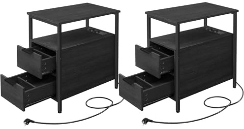 VASAGLE Lot de 2, Tables d’Appoint, Tables de Chevet, Petite et Fine avec 2 Tiroirs chacune, Multiprise, Rangement, pour Salon, Chambre, Gris Anthracite et Noir Classique LCT648B22