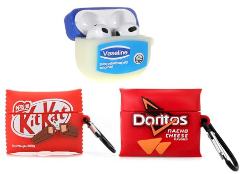 XMBYGY (3Pack) Custodia per Airpods di terza generazione (2022), custodia protettiva in silicone per Airpods 3 con design simpatico e divertente, con portachiavi (Pizza+Kitkat+Doritos)