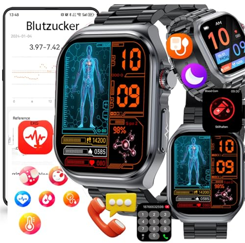 Fohatu Neu 𝐁𝐥𝐮𝐭𝐳𝐮𝐜𝐤𝐞𝐫 Smartwatch Herren 𝐃𝐢𝐚𝐛𝐞𝐭𝐞𝐬 ECG Smartwatch Mit Telefonfunktion,ECG Bludruck 𝐛𝐥𝐮𝐭𝐟𝐞𝐭𝐭𝐞 Harnsäure Fitness Tracker Bluetooth Anrufen, schwarzer Stahl