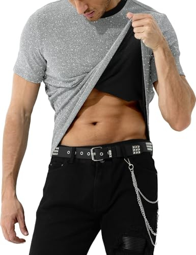 Casey Kevin Herren Glitzer T-Shirt Pailletten Hemd Shirt Metallic Shirt Oberteil Tops Für Männer Goldenes Silber Tee Mit Rundhals-Ausschnitt Clubwear Men