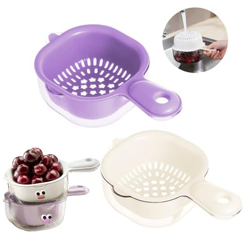 2PCS Kitchen Dual-Layer Draining Basket with Handle, for Pasta Dual Layer Vegetables and Fruits Washing Basket, 2 in 1 Fruit Cleaning Bowl with Strainer Container