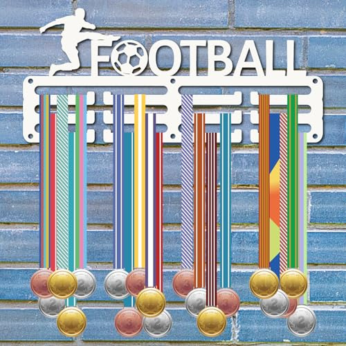 CREATCABIN Medaillenhalter Für Fußball Haken Für Medaillen Wandmontage Zum Aufhängen Auszeichnungen Eisendekor Geschenk Fußball Fußballspieler Wettkampfsieger Athleten Medaillengewinner 13x29cm Weiß