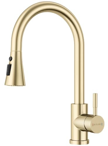 BLYLUND Brushed Gold Kitchen Tap with Pull Out Spray 3 Modes, Single Hole Brass Sink Tap Single Handle High Arc Pull Down Kitchen Sink Taps Mixer for UK Standards Fittings