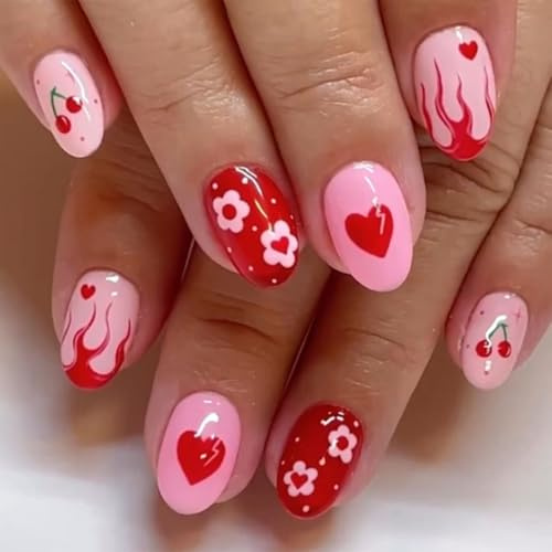 Medium Press on Nails Almond Fake Nails with Red Hearts Flame Cherry Design Flower Glue on Nails Press ons Pink Glossy False Nails Stick on Nails for Women Girls 24Pcs