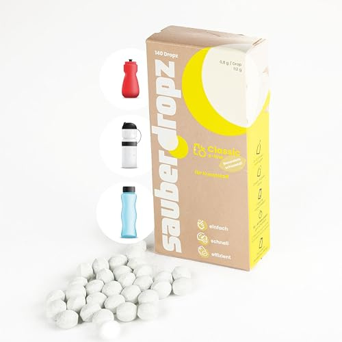 Sauberdropz Classic für Kunststoff – Trinkflaschen Reinigungstabletten 140 Drops, MADE IN AUSTRIA, Ideal für Thermosflaschen, Soft FLask aus Kunststoff für die einfache Flaschenreinigung