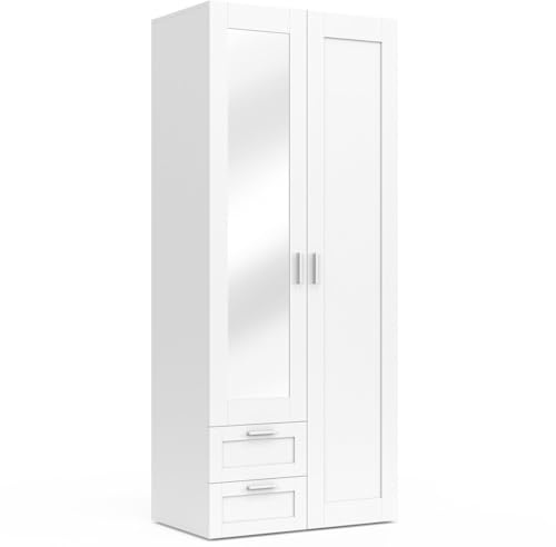 IDMarket - Armario de 2 puertas VITO blanco 80 cm con 2 cajones, espejo y estantes