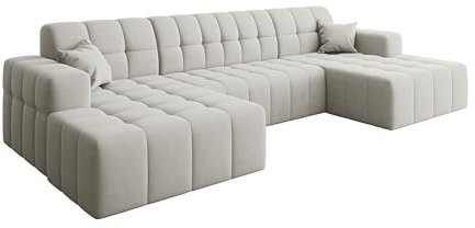 Kaiser Möbel - Ecksofa mit Wohnlandschaft, Eckcouch U Form, Big Ecksofa, Polstersofa, Federkern, Bequemes Couch mit Ottomanen für Wohnzimmer, Relaxsofa, Veloursstoff, Lounge-Set U-Form, Nimes U, Weiß