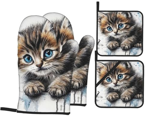 Ofenhandschuhe und Topflappen, Katzen-Schmetterlings-Ofenhandschuhe mit Topflappen, rutschfeste Handschuhe, hohe Hitzebeständigkeit, 500 Grad, für Grill, Backen, Kochen, Backofen, Mikrowelle, 4 Stück