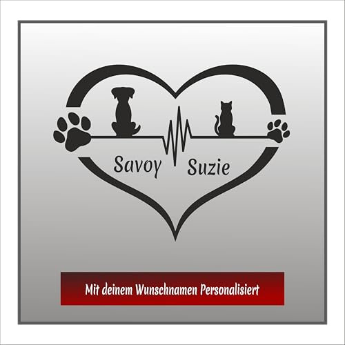 Autoaufkleber personalisiert Hund & Katze | Pfote Herz Herzschlag EKG mit zwei Namen | Vinyl Sticker wetterfest | Fenster Laptop Tür | Geschenk Tierhalter