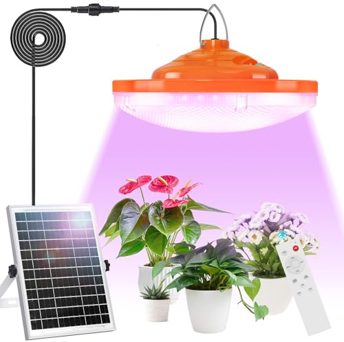 Solar Grow Light Outdoor Indoor Run Day/Night, Full Spectrum with Timer | 96 LED Remote Control,16.4FT Cable/USB Charging Solar Plant Light for All Stage Plants