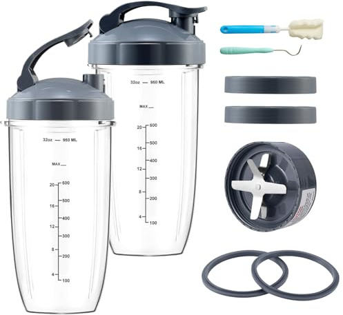 Bestdin Blender Replacement Parts - 11 Pcs Blender Cups & Blade Replacement Set for NutriBullet 600W/900W, 2 Large 32oz Cups with 2 Flip-Top to-Go Lid, 2 Lid Ring & Premium Extractor Blade, 2 Gaskets