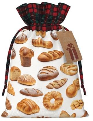 (Painted Bread) Drawstring Gift Bags with Tag Plaid Candy Bags for Holiday Christmas Party Supplies M