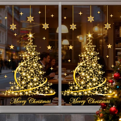 GAEEP Large Christmas Window Stickers, 106 PCS Gold Tree Xmas Window Stickers Reusable, Double-Side Visible PVC Christmas Window Clings for Home Shop Party Holiday Xmas Decorations Glass Decals