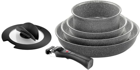 BALLARINI Torre Bratpfannen-Set und Stieltopf, 6 tlg, Keramikbeschichtung, Induktionsgeeignet, Abnehmbarer Griff, Deckel mit einklappbaren Griffen, Aluminium, Grau