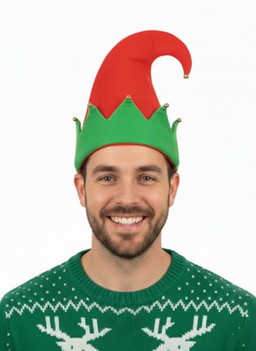 FASHION I LOVE Adult Elf Hat with Bells Red and Green Felt Elves Hat Christmas Novelty Gift Xmas Party Hats Jingle Bells Elf Fancy Dress Costume Accessories for Men and Women (Elf Hat with Bells)