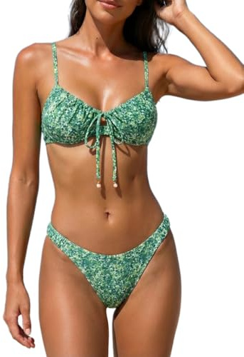 High Cut Cheeky Bikini Sets for Women Two Pieces Push Up Underwire Swimsuit Sexy Floral Bathing Suit Green S