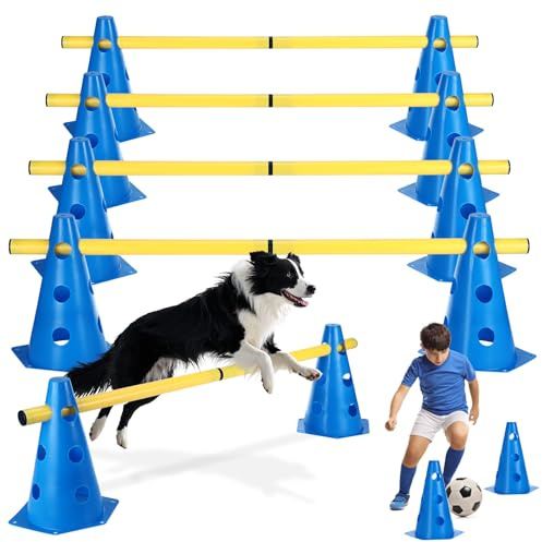 Alitree Ensemble d'Agilité pour Chiens, 8 Cônes (24cm) + 4 Barres (81cm), Kit d'obstacles Réglables, 3 Hauteurs pour Parcours Chien, Enfant et Entraînement Football, Coordination & Jeux en Extérieur