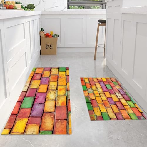 Pared de Ladrillos de Colores Alfombra de Cocina Antideslizante Alfombra de Cocinas, Estilo Retro Durable Anti-Fatiga Corredor de Pasillo para Cocinas Lavable de Cocina,45x75+45x150cm