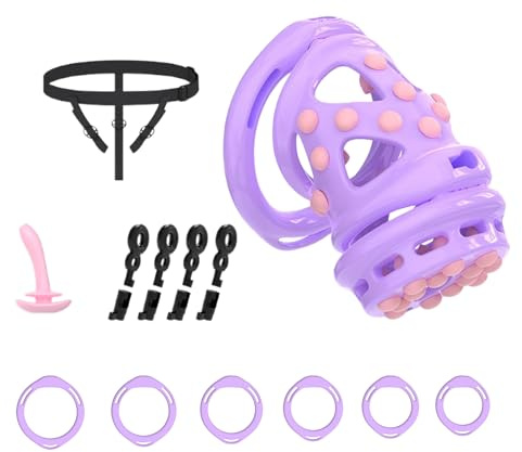 HXLXW Peniskäfig Herren Flat aus verstärktem 3D-Nylonharz – Chastity Cage mit Dilator & Katheter, Keuschheitskäfig mit Silikon Einsatz, 6 Größen Ringe(Lila/M)
