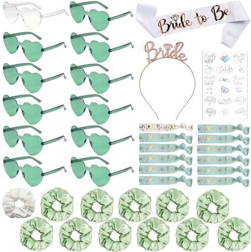 Joycabin 39 Stück JGA Accessoires Set, Team Braut Brille Haargummi, Grün | Junggesellenabschied Frauen,Hochzeit Zubehör,1 Bride to be schärpe,12 Herzförmige Brille,12 Haargummi,12 Armband,1 Aufkleber