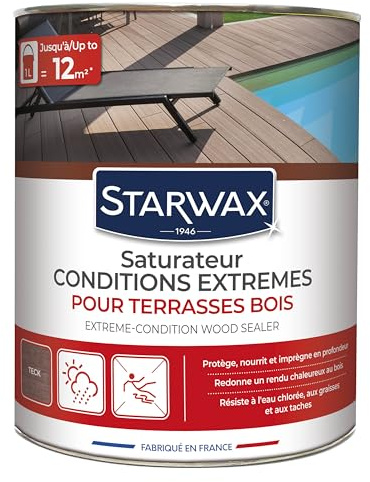 STARWAX SATURATEUR HAUTE PROTECTION POUR TERRASSES EN BOIS TECK 1L | Nourrit protège et embellit terrasses bois exotiques, résistance UV intempéries et eau chlorée, rendement 10 à 12m²/L