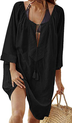 L-Peach Dam bikini cover up sommar lös bomull spets tunika lång skjorta överkast bomull strandklänning sommarklänning en storlek, svart, En Storlek