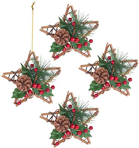 Britesta Weinachtsdeko: 4er-Set Rattan-Dekostern mit Tannenzapfen, handgefertigt, Ø 15 cm (Handgefertigte Weihnachtsdekos, Rattansterne, Weihnachten)