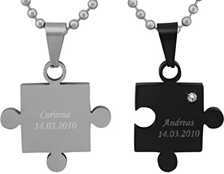 Hanessa 2 Stück Personalisierte Kette mit Gravur Edelstahl 60 cm mit Anhänger Herz Puzzle in silber schwarz - Personalisierte Geschenke für Damen Herren Freundin Freund - Partner Halskette Sie Ihn