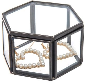 Feyarl Glas Schmuckschatulle, Geometrisch Ringbox Aufbewahrung Deko Blumen Schmuck für Wohnzimmer Muttertag Hochzeit 8 x 7 x 4.5cm (Schwarz)