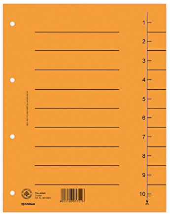 DONAU 8610001-12, 100-pack, skiljeblad, färg: orange/kartongregister, överdimensionerade, tillverkade av återvunnen kartong 250 g/kvm med linjemönster för DIN A4, 4-fack, perforering, skiljeflikar,