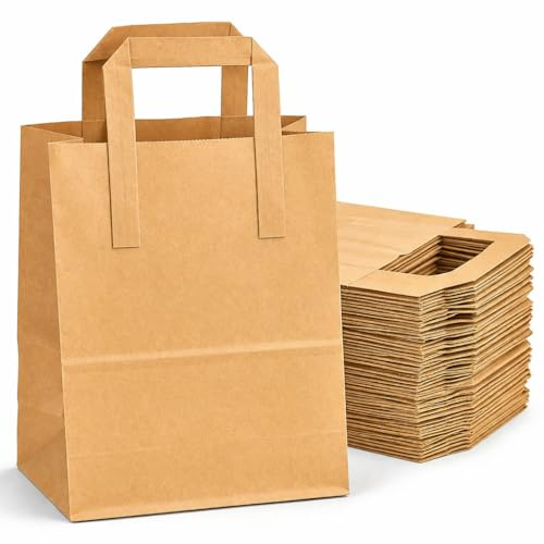 Sabco Brown Paper Bags with Handles - Kraft SOS Carrier Bags (7x8.5x3) Bulk Pack of 100 – Strong Takeaway, Retail & Food Delivery Paper Bags
