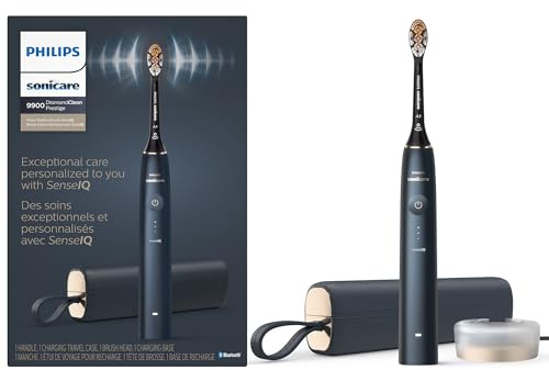 Philips Sonicare DiamondClean 9900 Prestige Electric Toothbrush - with SenseIQ Technology and Advanced AI App, 5 Brushing Modes, 3 Intensity Levels, Charging Travel Case,Midnight Blue, Model HX9990/12