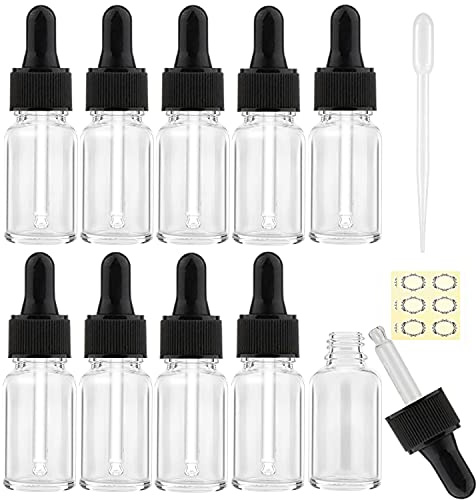 Alledomain 10Pcs, 10Ml Transparent Glass Bottles with Dropper Pipettes, Mini Empty Dropper Bottles Plastic Black Cap Refillable Sample Container for Essential Oil/Aromatherapy Blends/Chemical Liquid