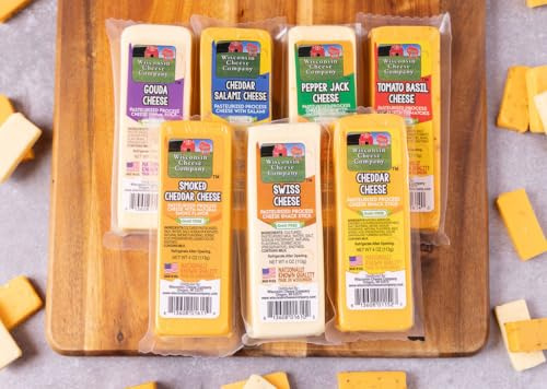 Wisconsin Cheese Company – 100% Wisconsin Specialty Cheese Block Sampler Gift Pack (7 Blocks) – Cheddar, Pepper Jack, Swiss, Gouda, Salami, Smoked Cheddar & Tomato Basil – Holiday Gift Box