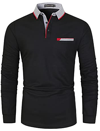 GHYUGR Herren Poloshirt Baumwolle Langarm Polohemd klassisch Plaid T-Shirt,Schwarz 1,L