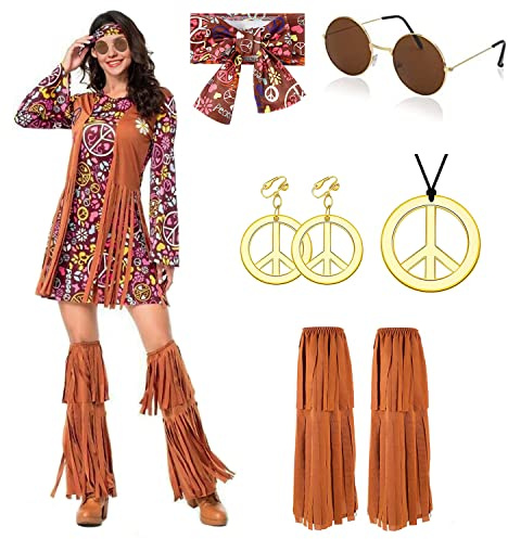 YADODO Hippie Kostüm Damen Kleid Set mit Accessoires 70er Jahre Bekleidung Damen Kleid Cowgirl FaschingsKostüm Frau 60er 70er Jahre Hippie Kleidung Boho Disco Outfits für Frauen Karneval(XXL)