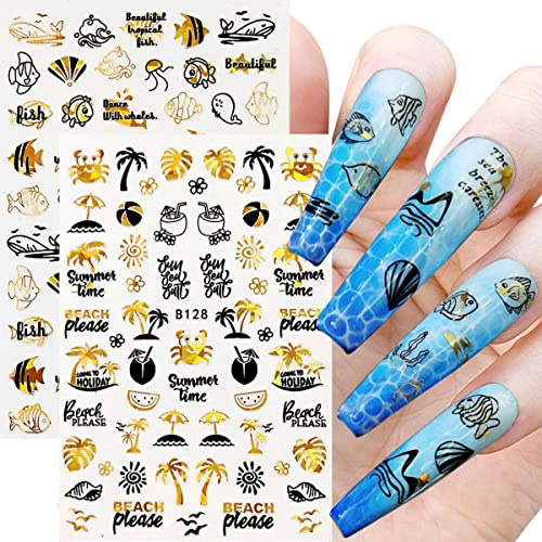 12 Blätter Marine Life Nagelsticker selbstklebend Sommer Ocean Coconut Beach Whale Sea Fish Octopus Shell Design Manicure Tips Nail Decoration für Frauen Mädchen