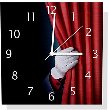 Wallario Design Wanduhr Vorhang auf für die Show Hand hinterm roten Vorhang aus Aluverbund, Alu-Uhr Größe 30 x 30 cm, weiße Zeiger mit Metalloptik