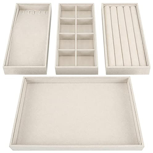 BELLE VOUS Vassoio Porta Gioielli Donna in Velluto Crema Impilabile (4pz)- Portagioie Donna da 35,3 x 24,2cm- Organizer Gioielli Porta Anelli, Porta Gioie, Porta Orecchini, Porta Bracciali Espositore