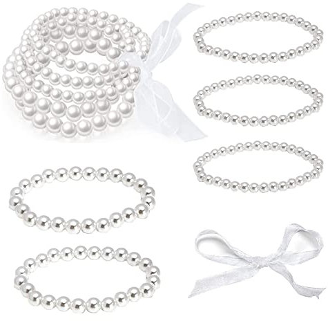 Cosswe Perlenarmband Set - 10 Stücke Künstliche Perlen Stretch Armband, Stapelbar für Damen Brautparty Hochzeit 1920 Accessoires - Weiß Kunstperle