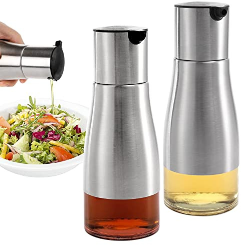 Tuzsocr Spender für Olivenöl, 300 ml, 2 Stück, Ölflasche aus Glas, Edelstahl, auslaufsicher, für Küche, Olivenöl/Essig, zum Kochen, Grillen