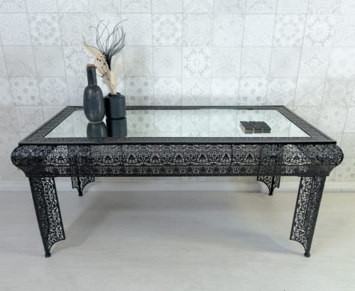 DOWNTON INTERIORS Black Moroccan Style Embossed Metal Mirrored Glass Coffee Table (GZ436) Part of the AGADIR Collection